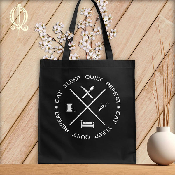 MyDesigns Black Tote/White Print / 15"x16" Eat sleep quilt repeat ~Tote Bag