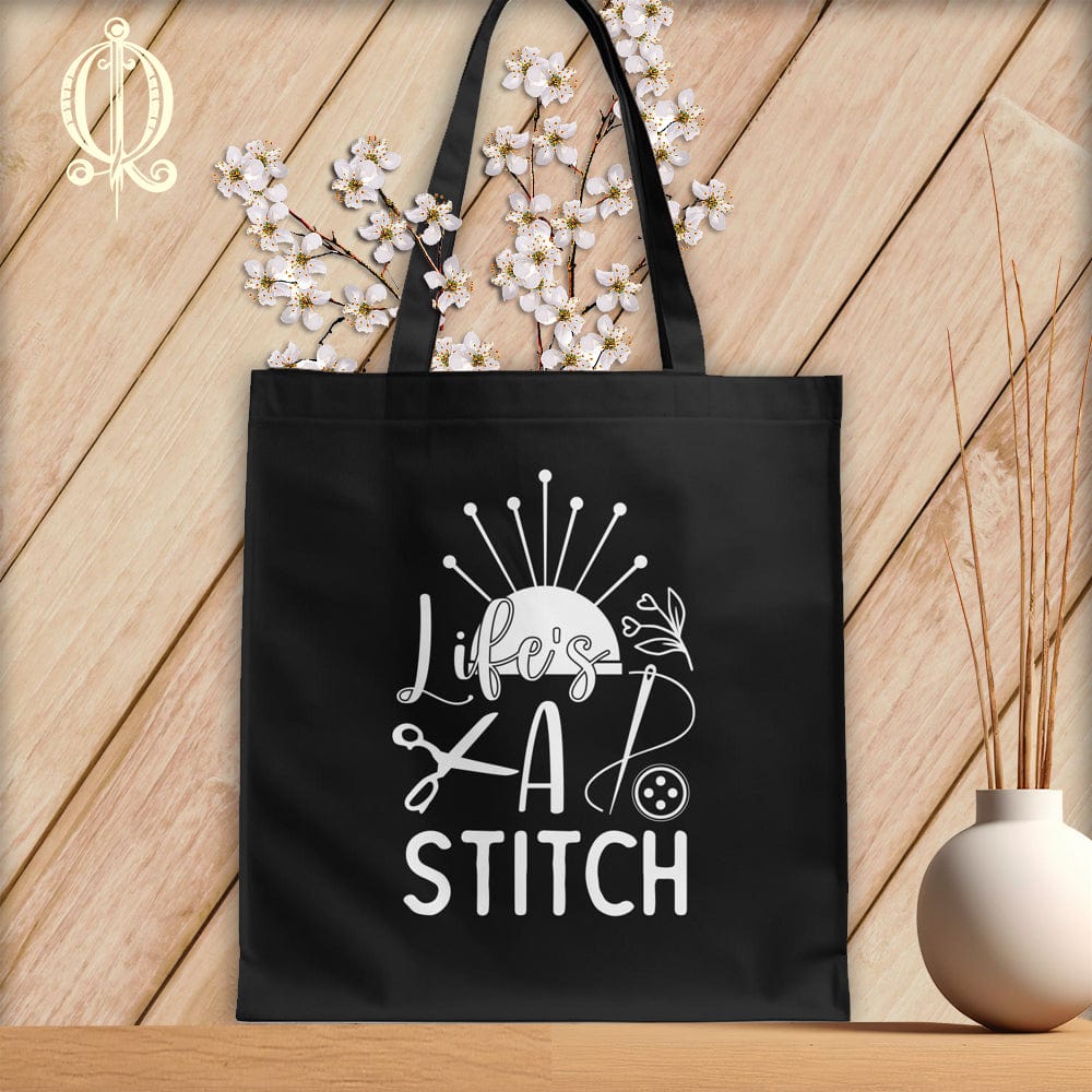 MyDesigns Black Tote/White Print / 15"x16" Lifes a stitch ~Tote Bag