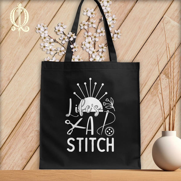 MyDesigns Black Tote/White Print / 15"x16" Lifes a stitch ~Tote Bag