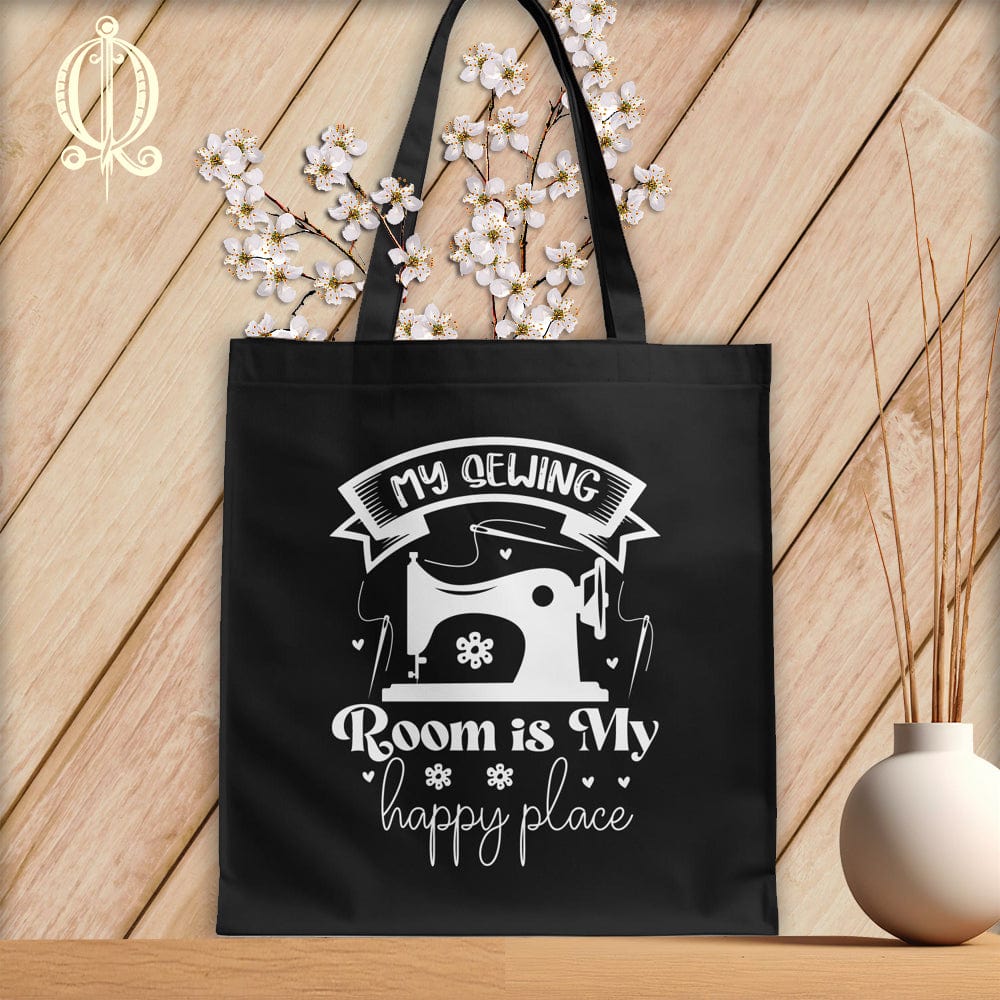 MyDesigns Black Tote/White Print / 15"x16" My Sewing Room Is My Happy Place ~Tote Bag