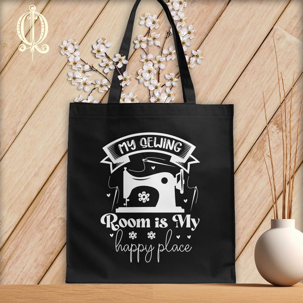 MyDesigns Black Tote/White Print / 15"x16" My Sewing Room Is My Happy Place ~Tote Bag