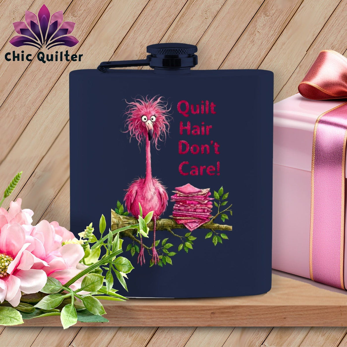 MyDesigns Flask 6oz / Navy Flamingle Fawcett ~ Quilter's Flask