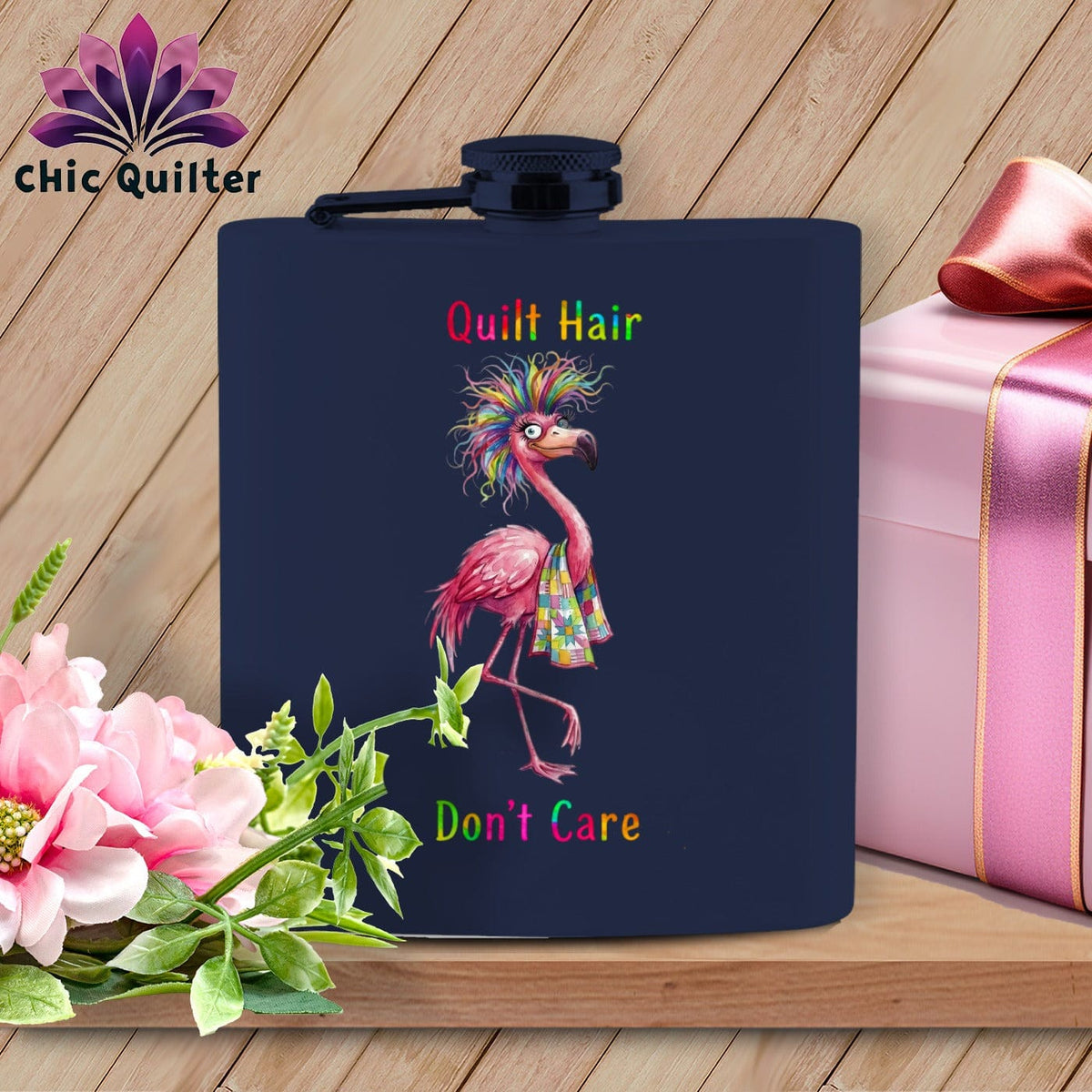 MyDesigns Flask 6oz / Navy Flossie Flaminglam ~ Quilter's Flask