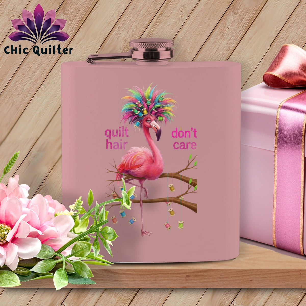 MyDesigns Flask 6oz / Pink Bobbinetta Beakley ~ Quilter's Flask