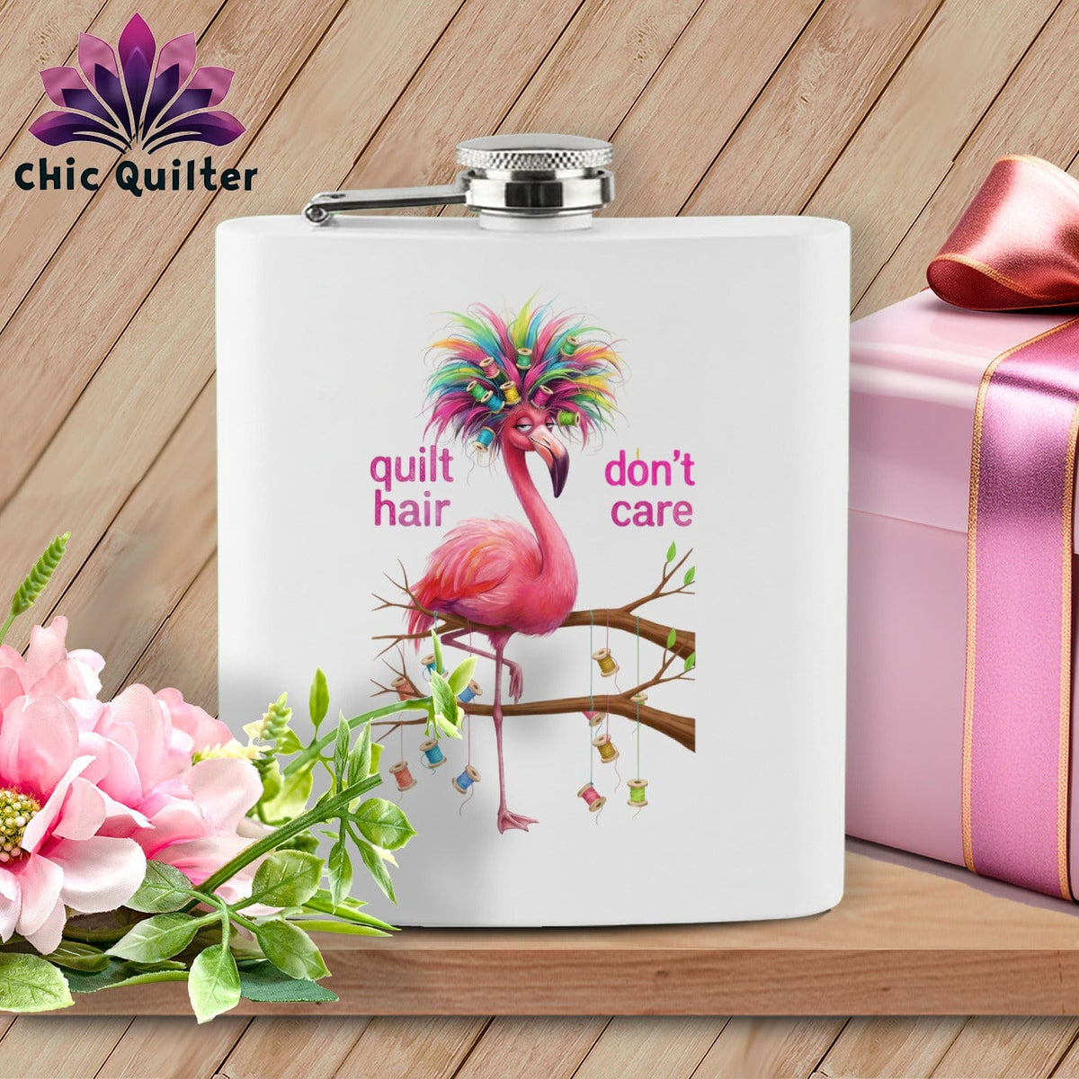 MyDesigns Flask 6oz / White Bobbinetta Beakley ~ Quilter's Flask