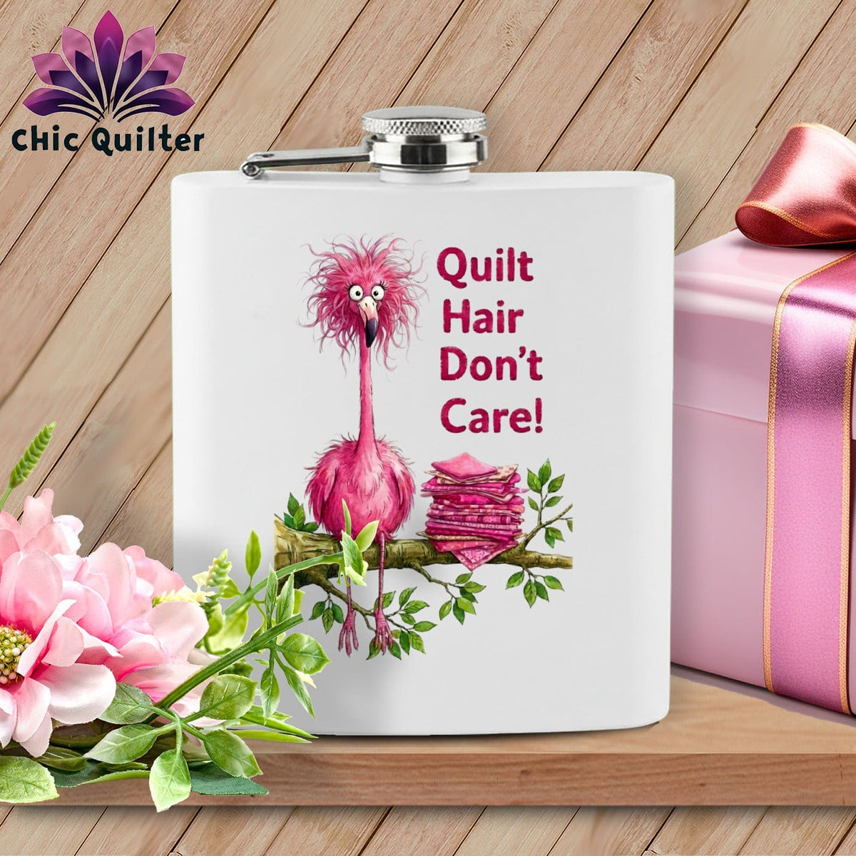 MyDesigns Flask 6oz / White Flamingle Fawcett ~ Quilter's Flask