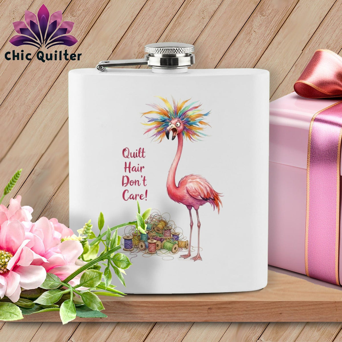 MyDesigns Flask 6oz / White Squawklyn Spoolberg ~ Quilter's Flask