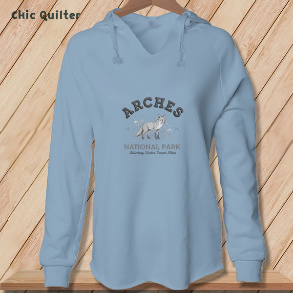 Apliiq hoodies Misty Blue / xs Arches National Park Gray Fox, Stitchin In Beauty ~ Hooded Sweatshirt
