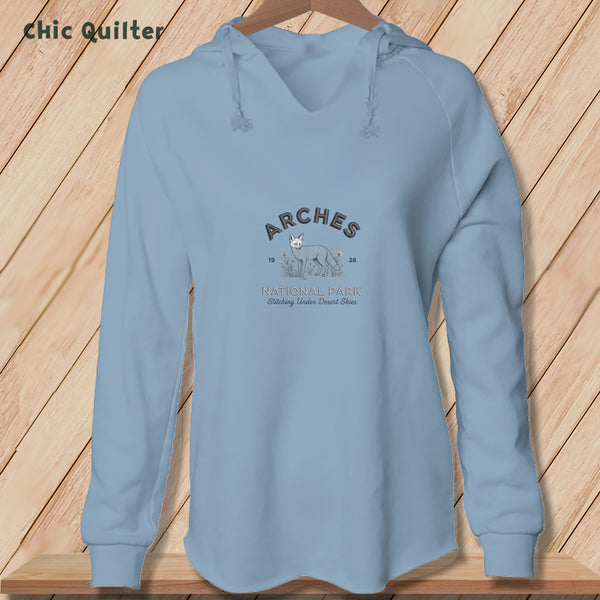 Apliiq hoodies Misty Blue / xs Arches National Park Kit Fox, Stitchin In Beauty ~ Hooded Sweatshirt