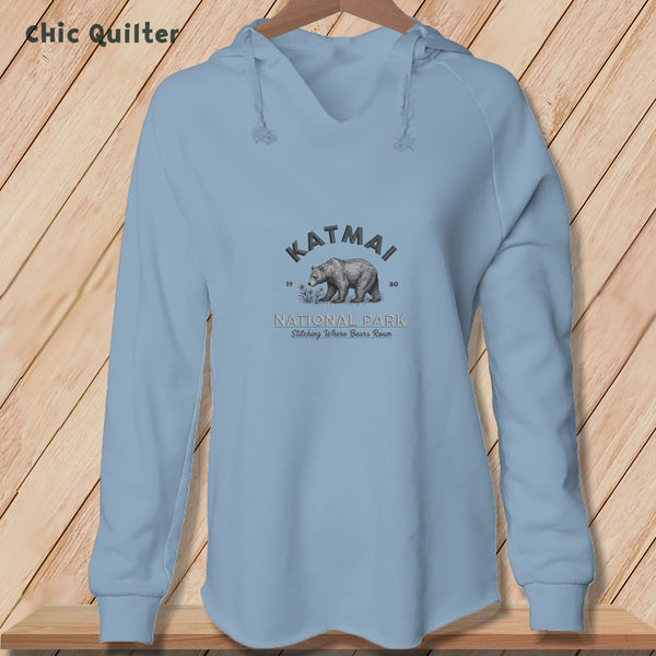 Apliiq hoodies Misty Blue / xs Katmai National Park Brooks Falls Bear, Stitchin In Beauty ~ Hooded Sweatshirt