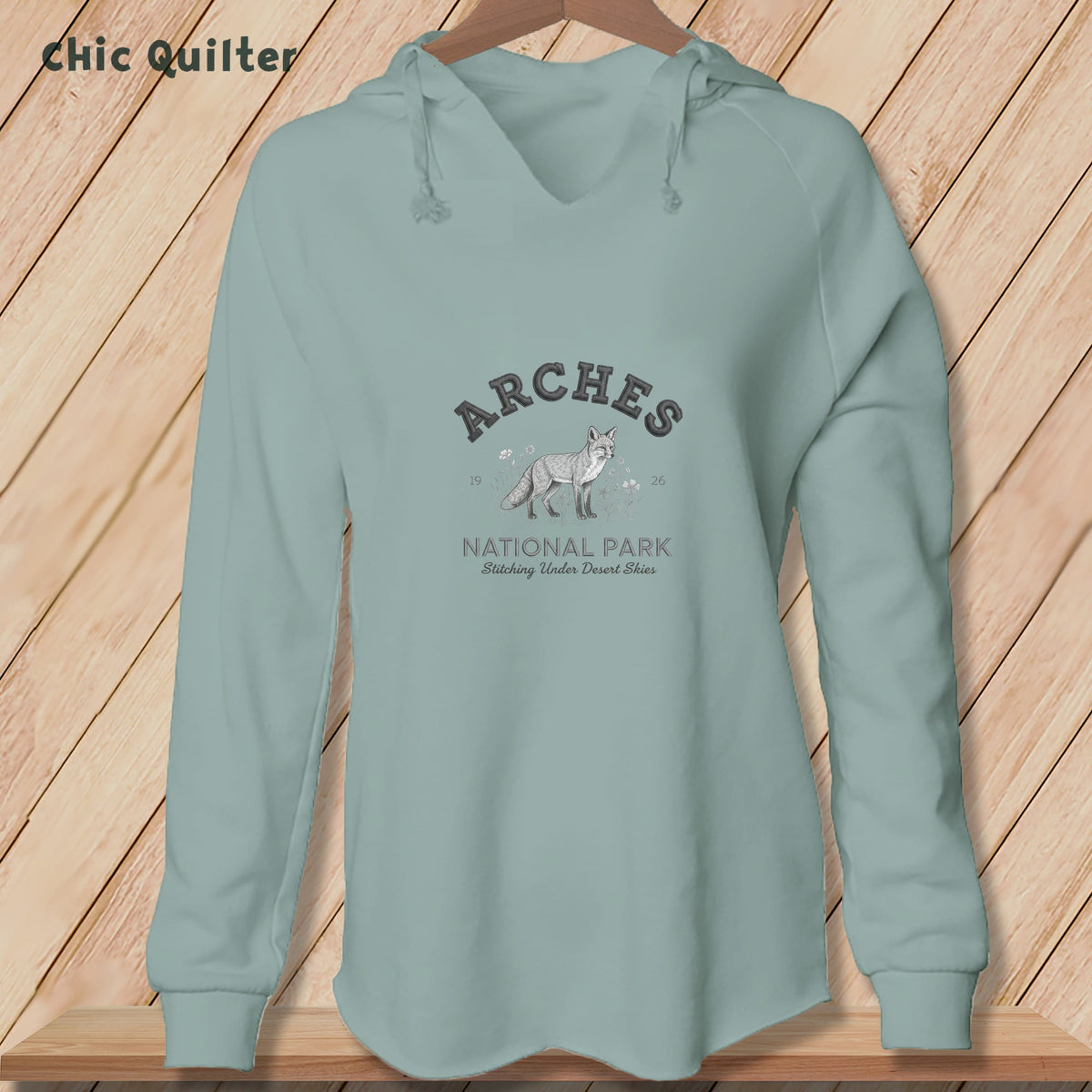 Apliiq hoodies Sage / xs Arches National Park Gray Fox, Stitchin In Beauty ~ Hooded Sweatshirt