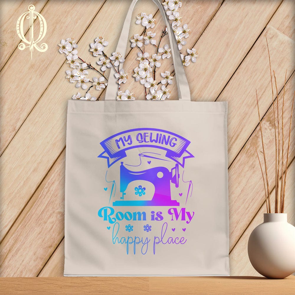 MyDesigns Natural Tote/Jewel Print / 15"x16" My Sewing Room Is My Happy Place ~Tote Bag