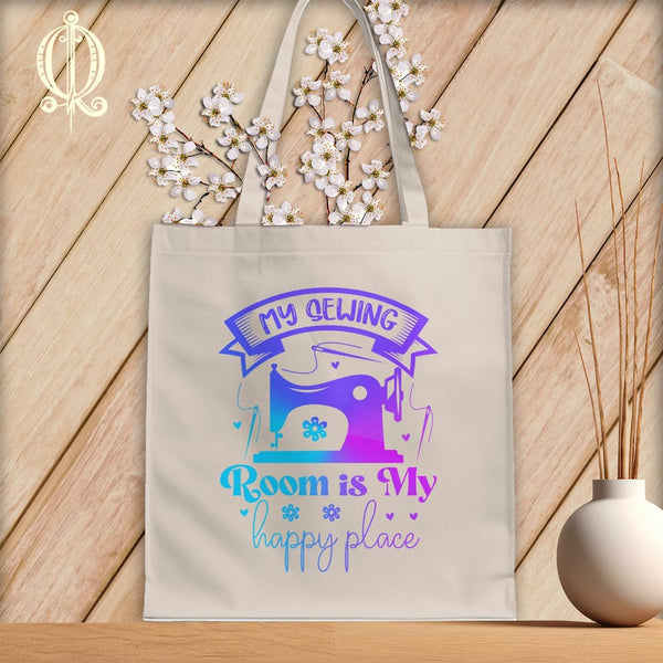 MyDesigns Natural Tote/Jewel Print / 15"x16" My Sewing Room Is My Happy Place ~Tote Bag