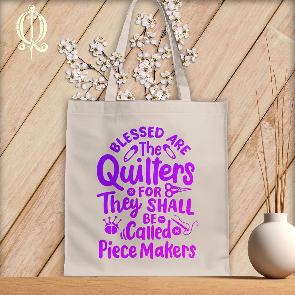 MyDesigns Natural Tote/Purple Print / 15"x16" Blessed Are the Quilters For They Shall Be Called Piece Makers ~Tote Bag