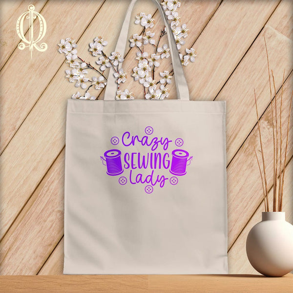 MyDesigns Natural Tote/Purple Print / 15"x16" Crazy sewing lady ~Tote Bag