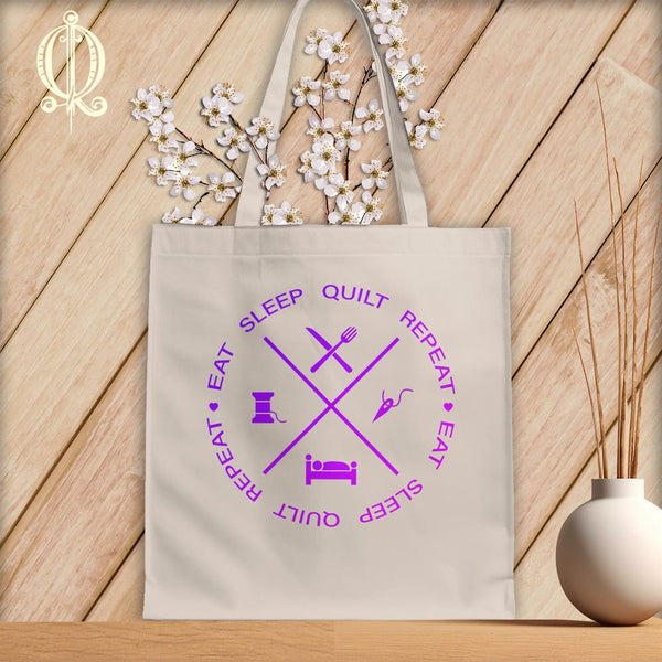 MyDesigns Natural Tote/Purple Print / 15"x16" Eat sleep quilt repeat ~Tote Bag