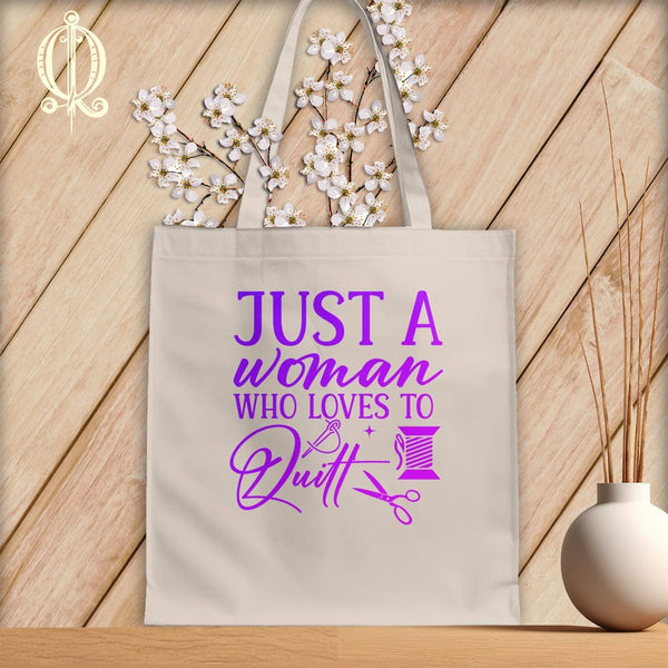 MyDesigns Natural Tote/Purple Print / 15"x16" Just a Woman Who Loves to Quilt ~Tote Bag