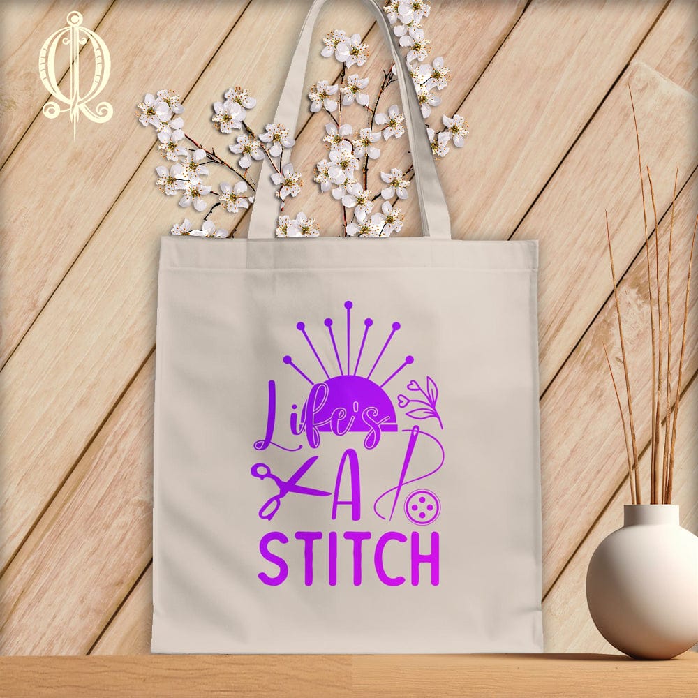 MyDesigns Natural Tote/Purple Print / 15"x16" Lifes a stitch ~Tote Bag