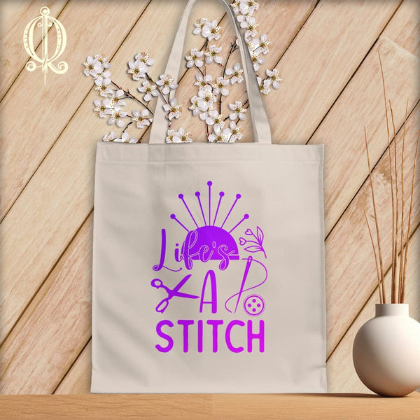 MyDesigns Natural Tote/Purple Print / 15"x16" Lifes a stitch ~Tote Bag