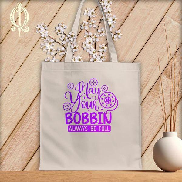 MyDesigns Natural Tote/Purple Print / 15"x16" May Your Bobbin Always Be Full ~Tote Bag