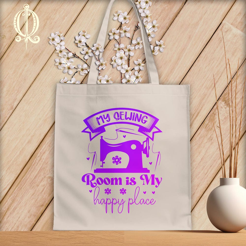 MyDesigns Natural Tote/Purple Print / 15"x16" My Sewing Room Is My Happy Place ~Tote Bag