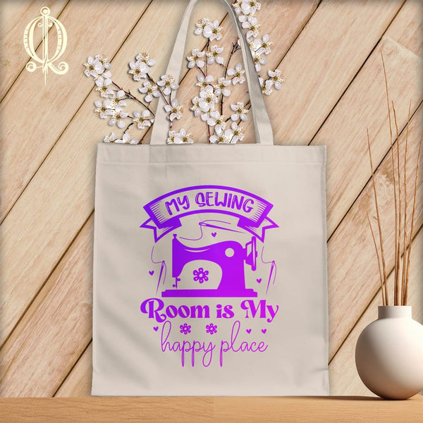 MyDesigns Natural Tote/Purple Print / 15"x16" My Sewing Room Is My Happy Place ~Tote Bag