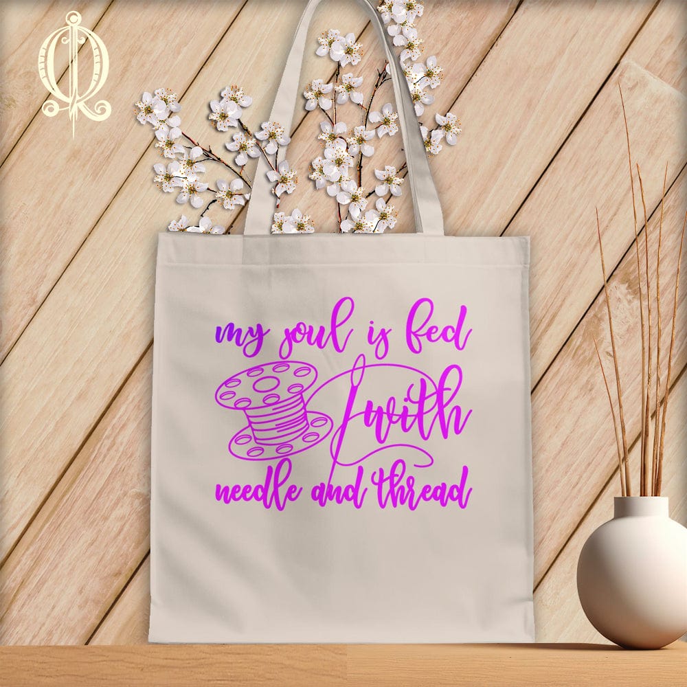 MyDesigns Natural Tote/Purple Print / 15"x16" My soul is fed with a needle and thread ~Tote Bag