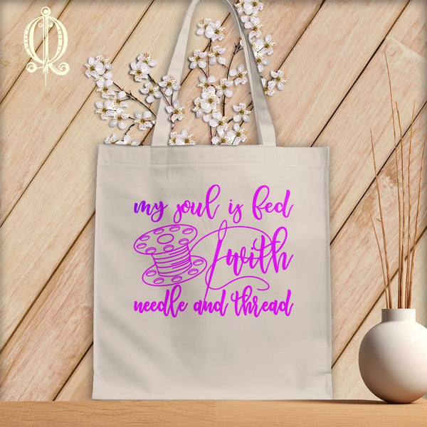 MyDesigns Natural Tote/Purple Print / 15"x16" My soul is fed with a needle and thread ~Tote Bag