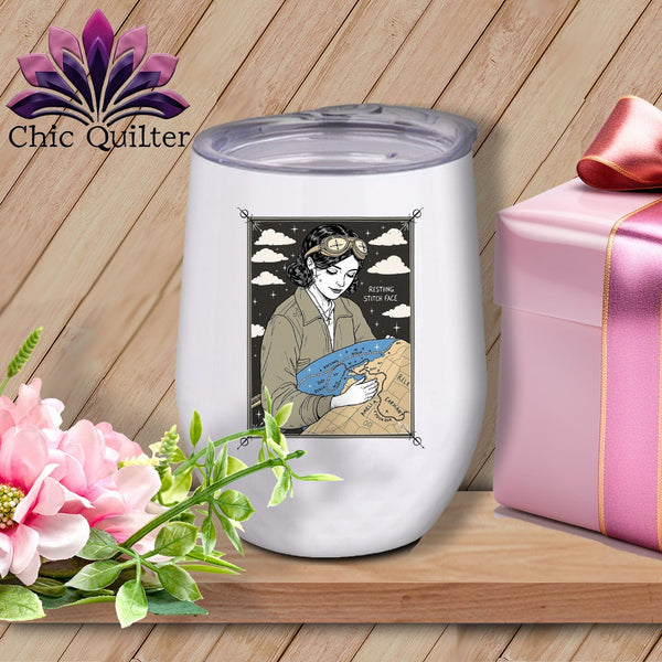 MyDesigns Physical Item 12 oz / White Amelia SewHearts - Resting Stitch Face ~ Wine Sipper