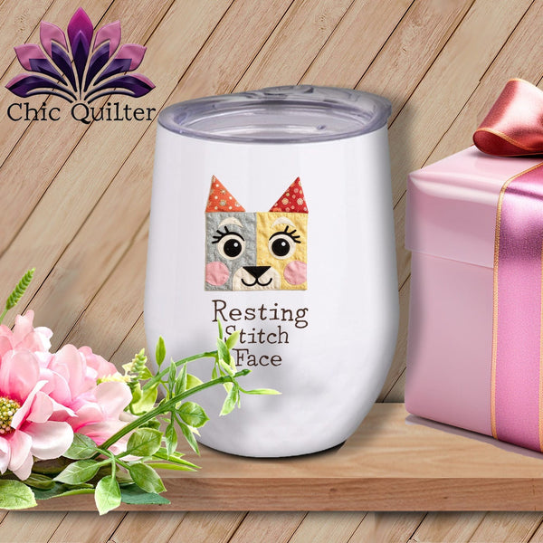 MyDesigns Physical Item 12 oz / White Bowow - Resting Stitch Face ~ Wine Sipper