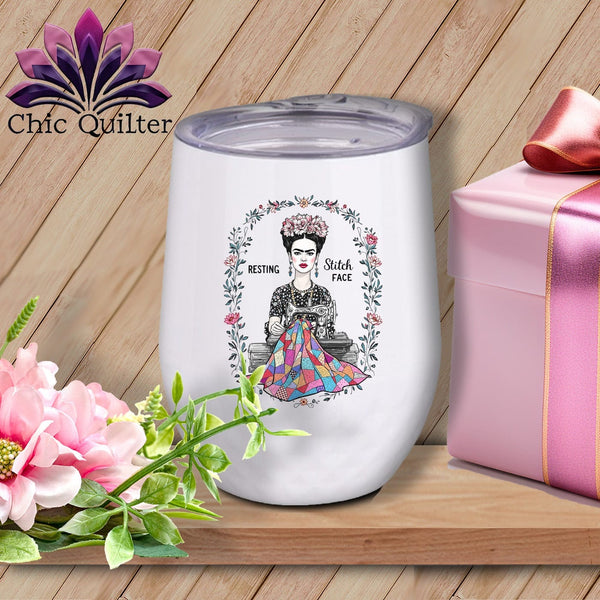 MyDesigns Physical Item 12 oz / White Fray-da Kahio - Resting Stitch Face ~ Wine Sipper