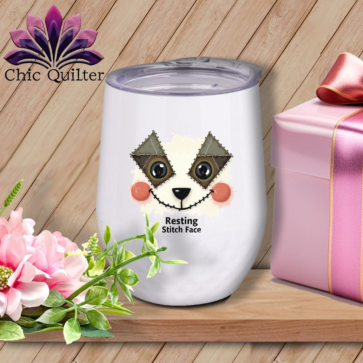 MyDesigns Physical Item 12 oz / White Patchwork Cheek - Resting Stitch Face ~ Wine Sipper