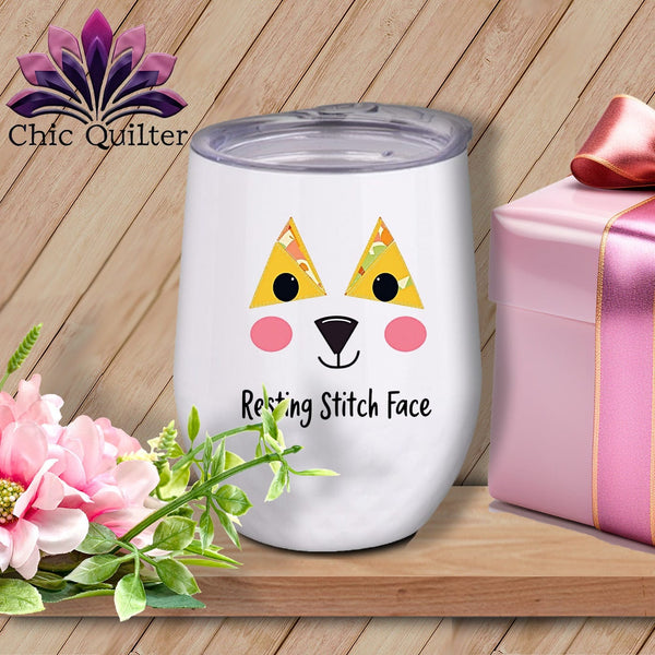 MyDesigns Physical Item 12 oz / White Patchwork Face - Resting Stitch Face ~ Wine Sipper