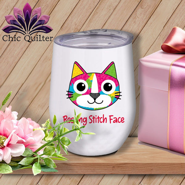 MyDesigns Physical Item 12 oz / White Patchwork Smile - Resting Stitch Face ~ Wine Sipper