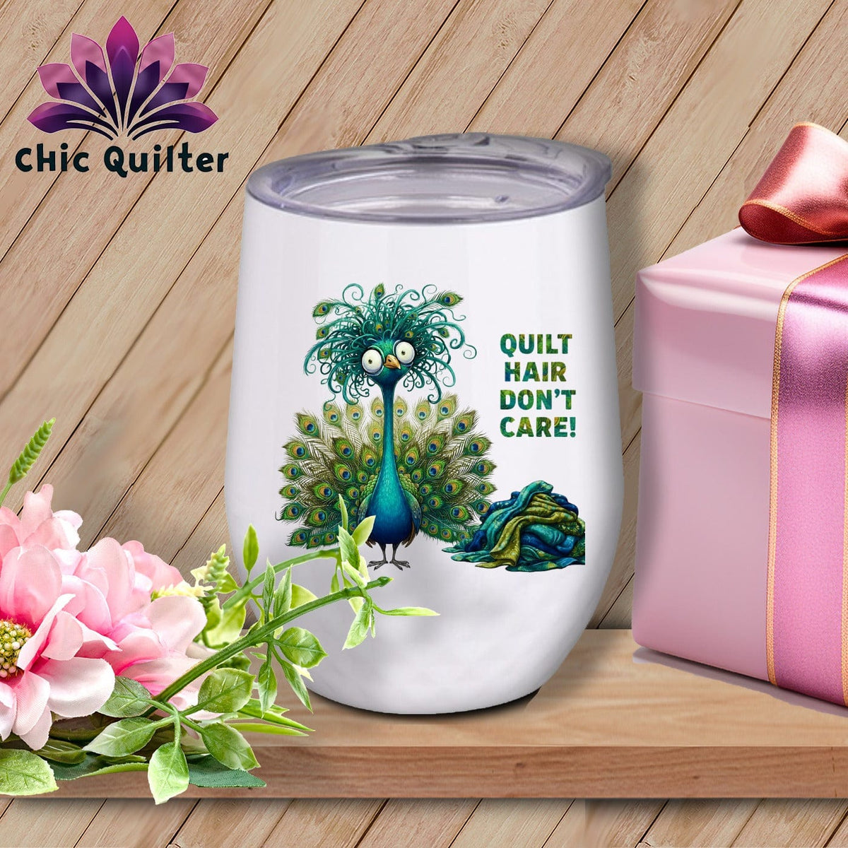 MyDesigns Physical Item 12 oz / White Quilt Hair Don’t Care ~ Lady Plumeadora ~ Wine Sipper