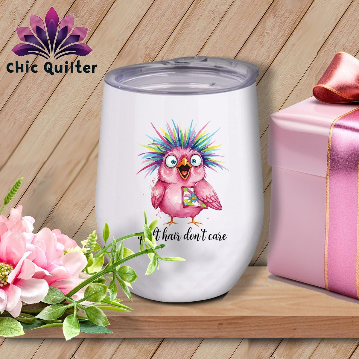 MyDesigns Physical Item 12 oz / White Quilt Hair Don’t Care ~ Peaches Plume ~ Wine Sipper