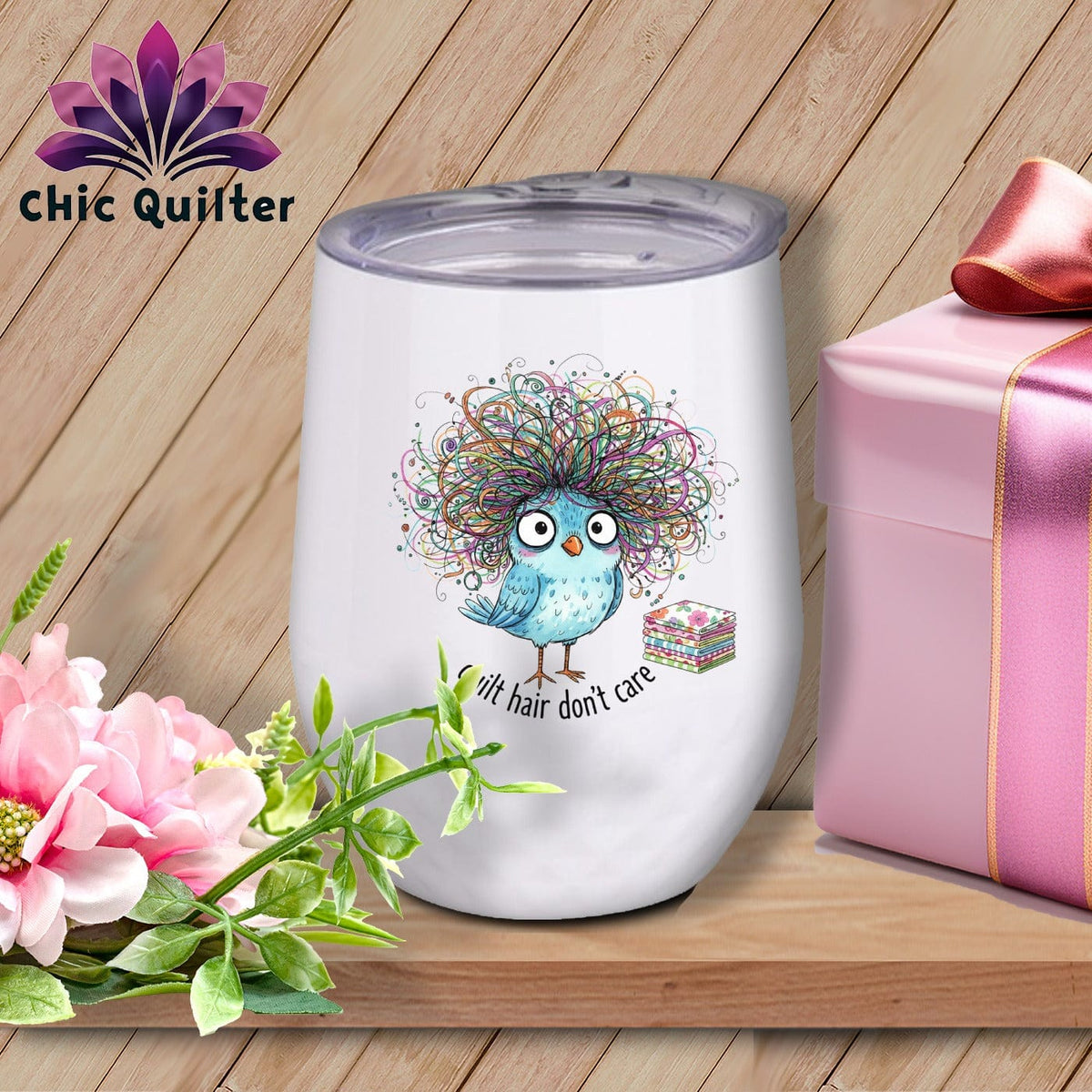 MyDesigns Physical Item 12 oz / White Quilt Hair Don’t Care ~ Puffin Bea ~ Wine Sipper