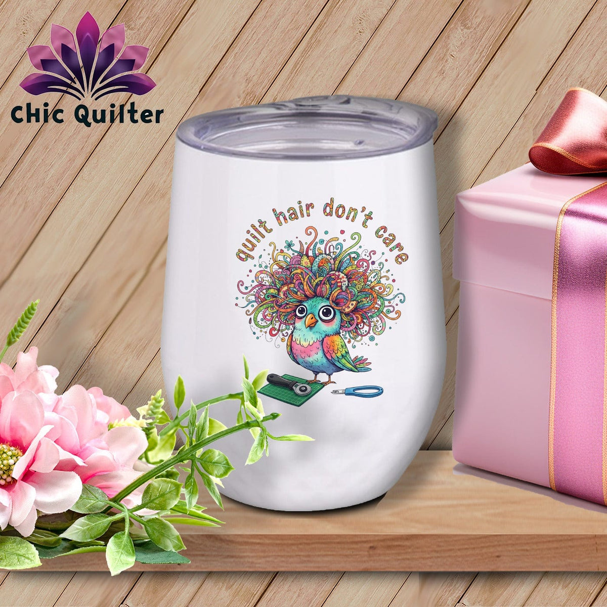 MyDesigns Physical Item 12 oz / White Quilt Hair Don’t Care ~ Snipsy Wren ~ Wine Sipper