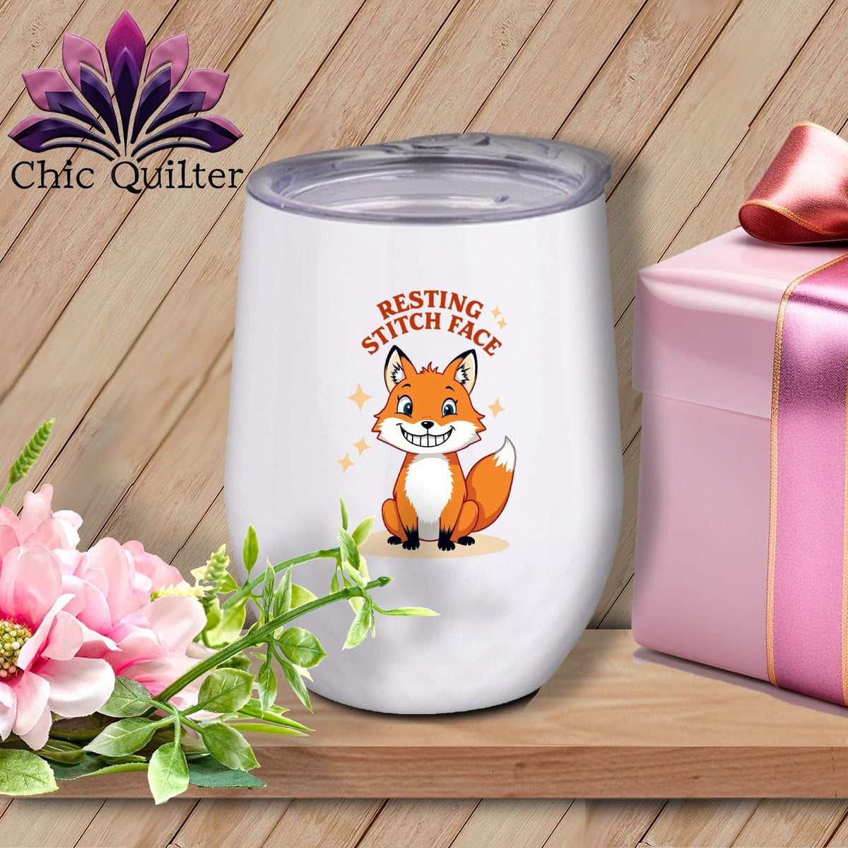 MyDesigns Physical Item 12 oz / White Silly Fox - Resting Stitch Face ~ Wine Sipper
