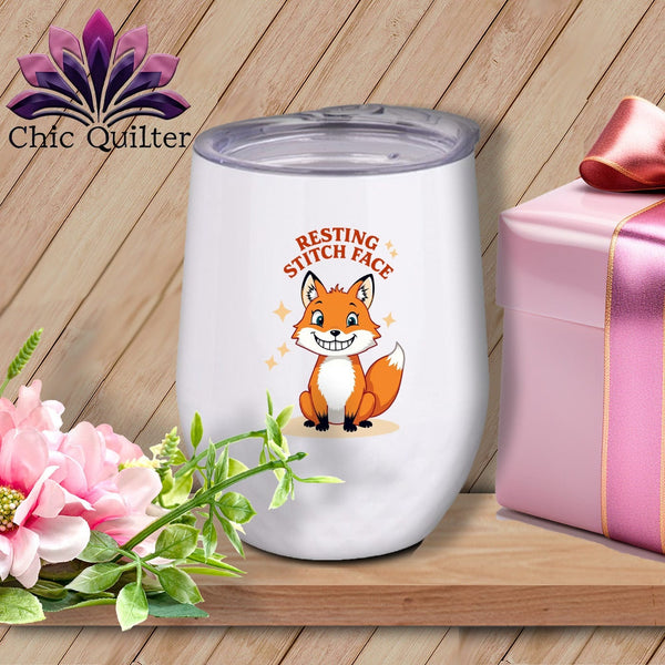 MyDesigns Physical Item 12 oz / White Silly Fox - Resting Stitch Face ~ Wine Sipper
