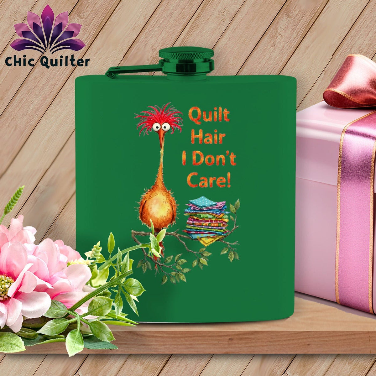 MyDesigns Physical Item 6oz / Green QQuilt Hair Don’t Care ~ Noodle Beakman ~ Quilter's Flask