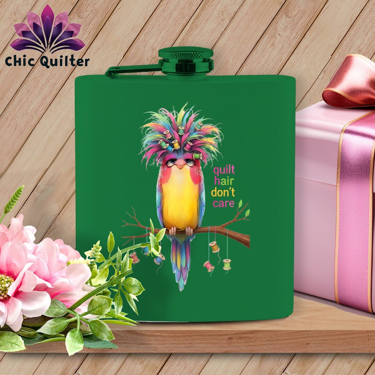 MyDesigns Physical Item 6oz / Green Quilt Hair Don’t Care ~ Curlene Spoolworth ~ Quilter's Flask