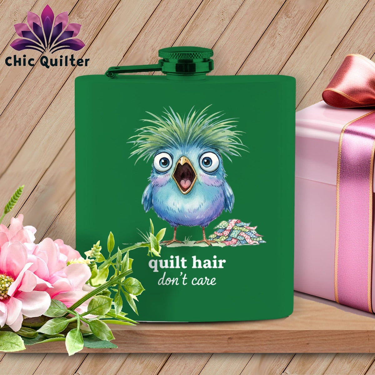 MyDesigns Physical Item 6oz / Green Quilt Hair Don’t Care ~ Frizzle Mae ~ Quilter's Flask