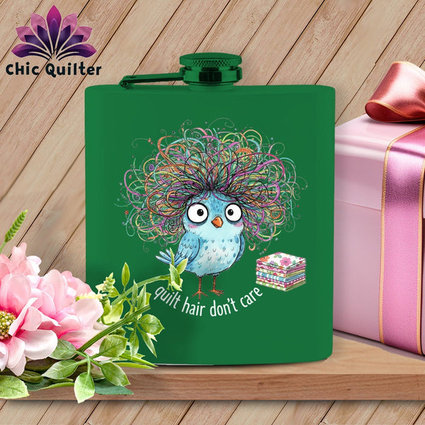 MyDesigns Physical Item 6oz / Green Quilt Hair Don’t Care ~ Puffin Bea ~ Quilter's Flask