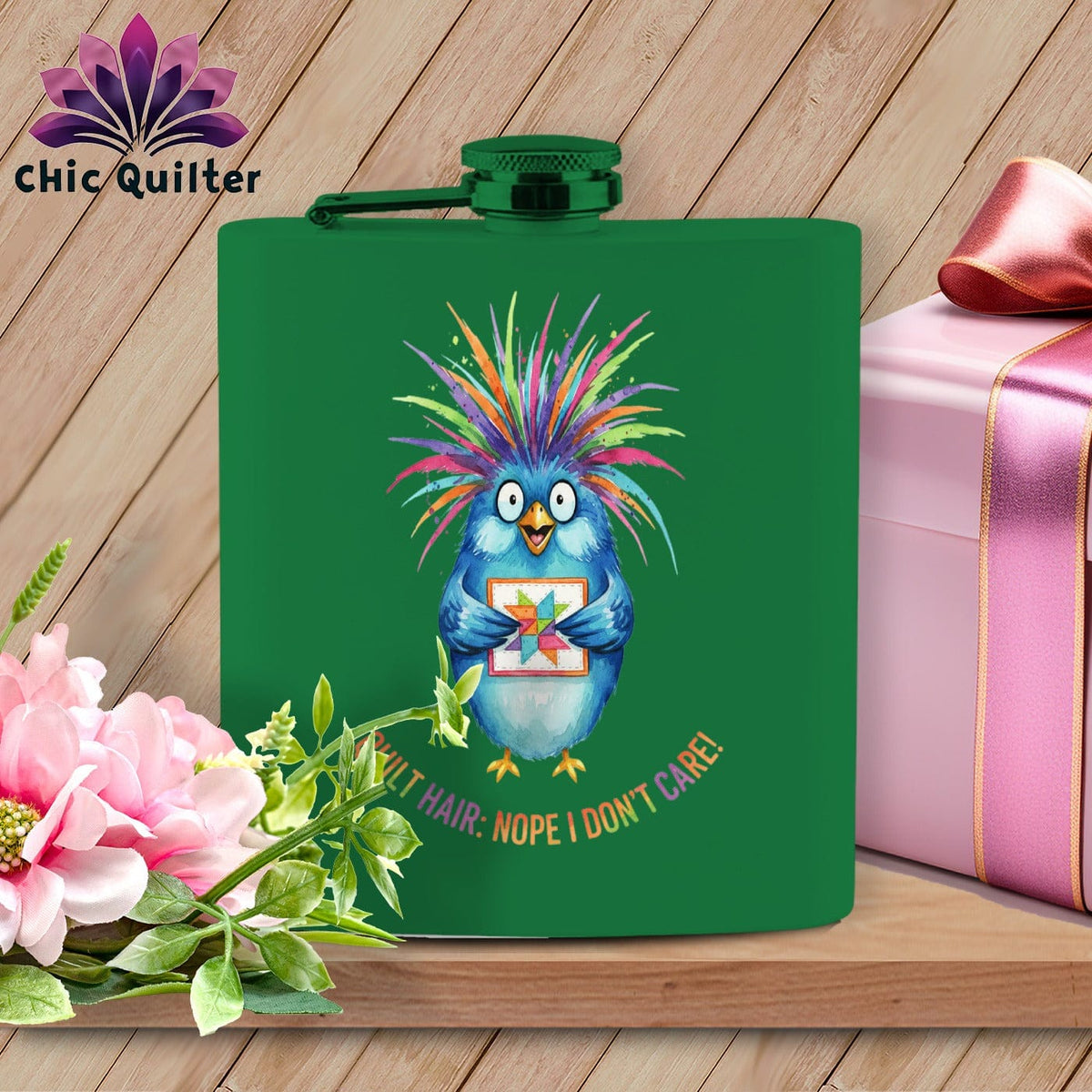 MyDesigns Physical Item 6oz / Green Quilt Hair Don’t Care ~ Ruckus Jay ~ Quilter's Flask