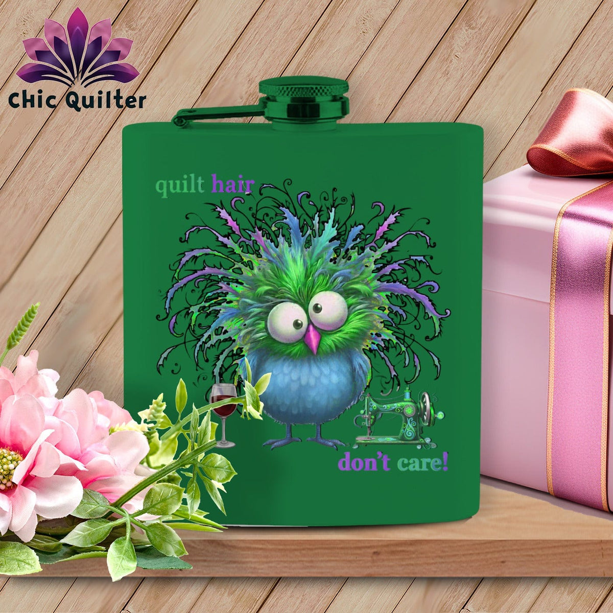 MyDesigns Physical Item 6oz / Green Quilt Hair Don’t Care ~ Velma Nightwing ~ Quilter's Flask