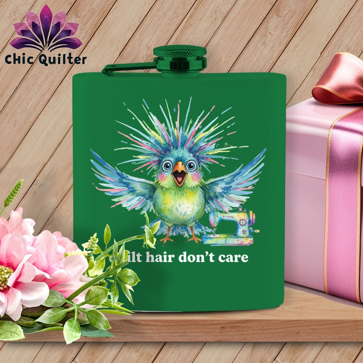 MyDesigns Physical Item 6oz / Green Quilt Hair Don’t Care ~ Ziggy Bobbin ~ Quilter's Flask