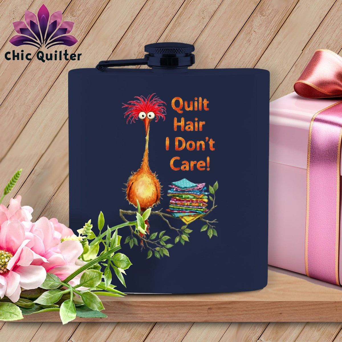 MyDesigns Physical Item 6oz / Navy QQuilt Hair Don’t Care ~ Noodle Beakman ~ Quilter's Flask