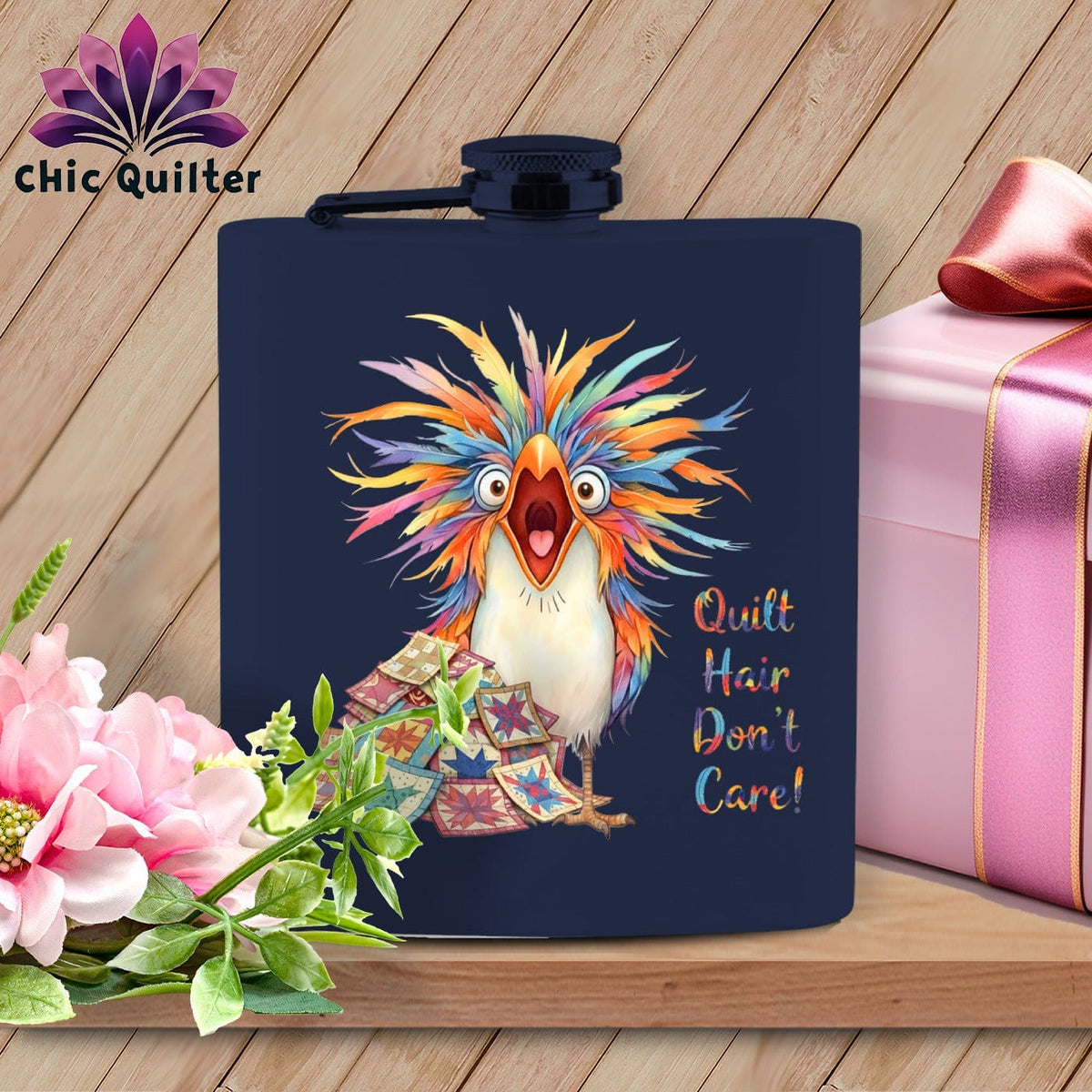 MyDesigns Physical Item 6oz / Navy Quilt Hair Don’t Care ~ Chaos Finch ~ Quilter's Flask