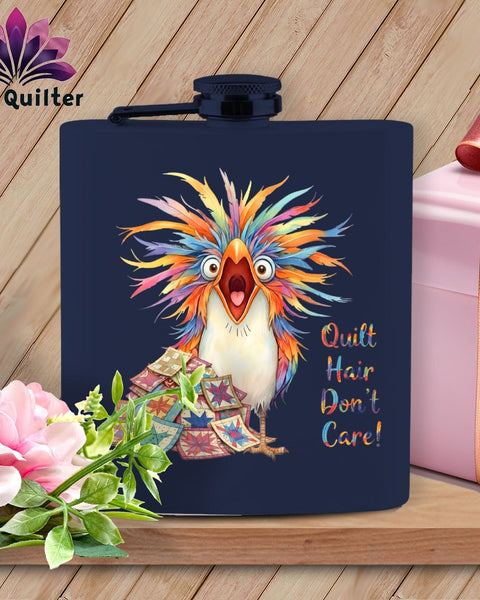 MyDesigns Physical Item 6oz / Navy Quilt Hair Don’t Care ~ Chaos Finch ~ Quilter's Flask